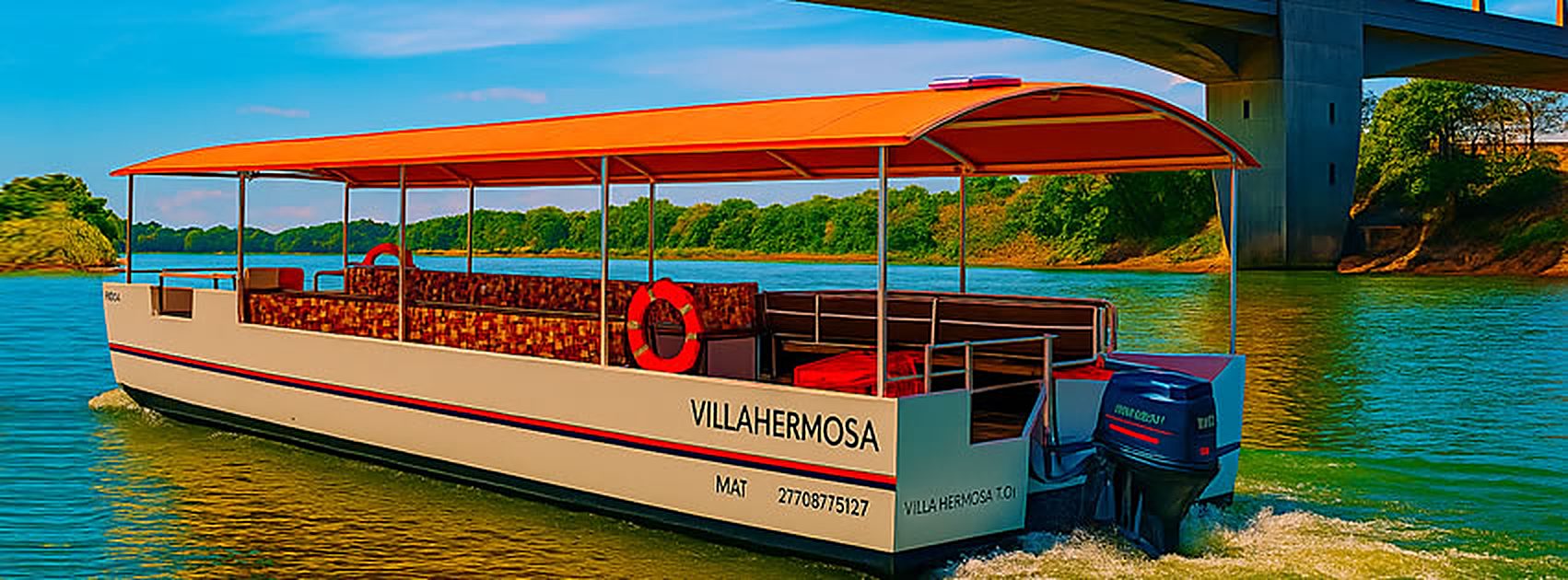 Lancha del Sistema de Transporte Fluvial, con toldo naranja y la leyenda Villahermosa, navegando el río bajo un puente